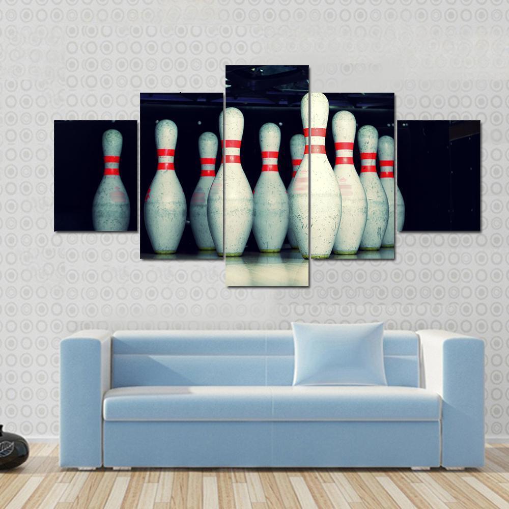 Bowling Pins Closeup Canvas Wall Art-5 Star-Gallery Wrap-62&quot; x 32&quot;-Tiaracle