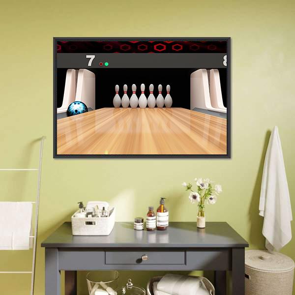 Bowling Pins On Wooden Lane Canvas Wall Art-5 Horizontal-Gallery Wrap-22&quot; x 12&quot;-Tiaracle