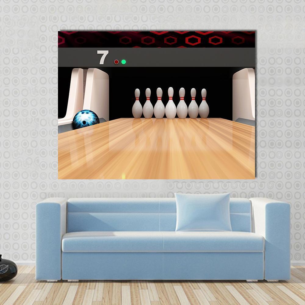 Seven Bowling Pins and Blue Ball on Wooden Lane Canvas Wall Art in black, beige and brown, single panel hung on a wall