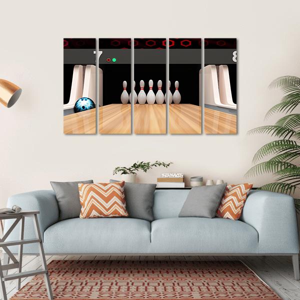 Bowling Pins On Wooden Lane Canvas Wall Art-5 Horizontal-Gallery Wrap-22&quot; x 12&quot;-Tiaracle