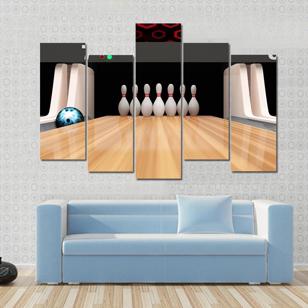 Bowling Pins On Wooden Lane Canvas Wall Art-5 Pop-Gallery Wrap-47&quot; x 32&quot;-Tiaracle