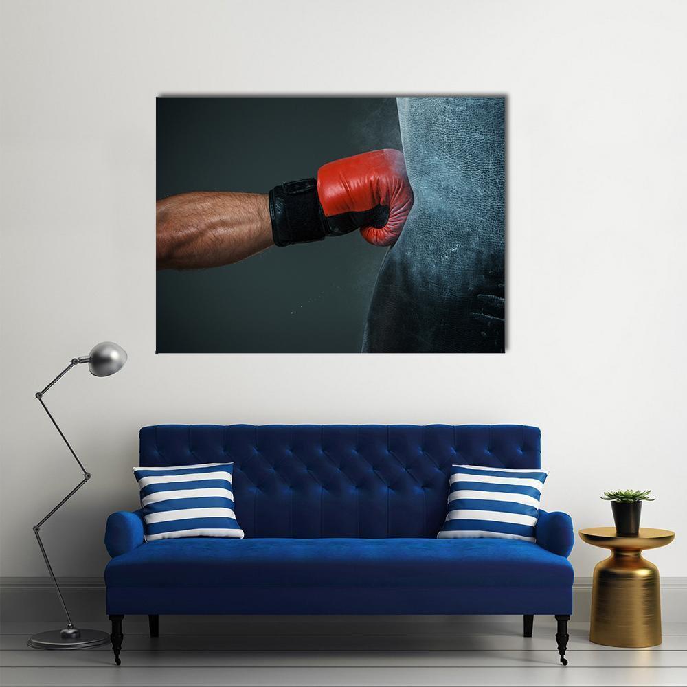 Boxer Punching Bag Close-up Canvas Wall Art in black, gray and red, single panel hung on a wall