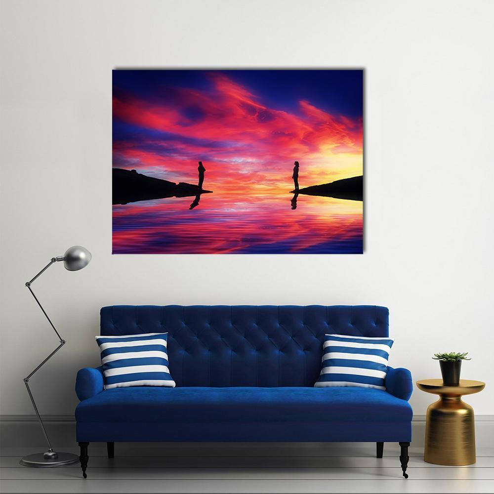 Boy &amp; Girl Stand On Different Sides Of River Canvas Wall Art-1 Piece-Gallery Wrap-48" x 32"-Tiaracle