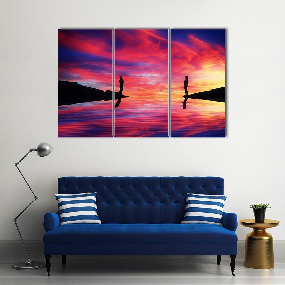 Boy &amp; Girl Stand On Different Sides Of River Canvas Wall Art-3 Horizontal-Gallery Wrap-37" x 24"-Tiaracle