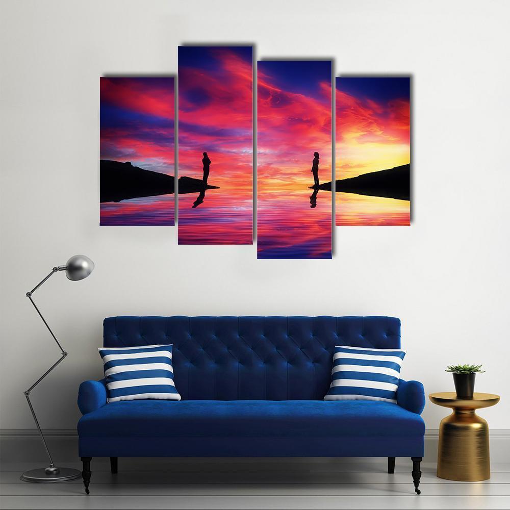 Boy &amp; Girl Stand On Different Sides Of River Canvas Wall Art-4 Pop-Gallery Wrap-50" x 32"-Tiaracle