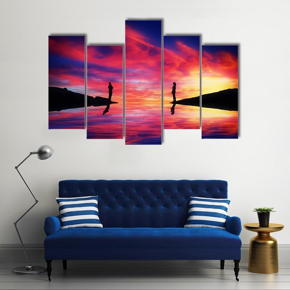 Boy &amp; Girl Stand On Different Sides Of River Canvas Wall Art-5 Pop-Gallery Wrap-47" x 32"-Tiaracle