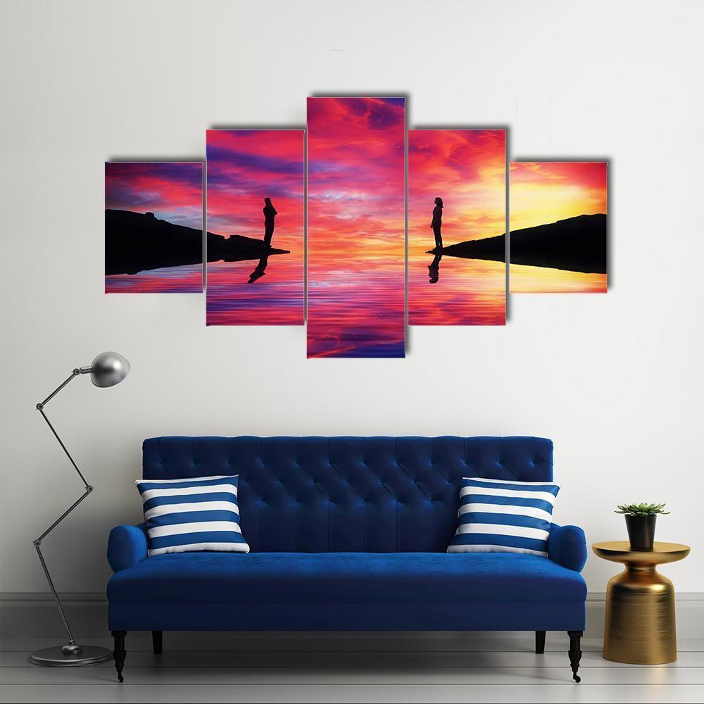 Boy & Girl Stand On Different Sides Of River Canvas Wall Art-5 Pop-Gallery Wrap-47" x 32"-Tiaracle