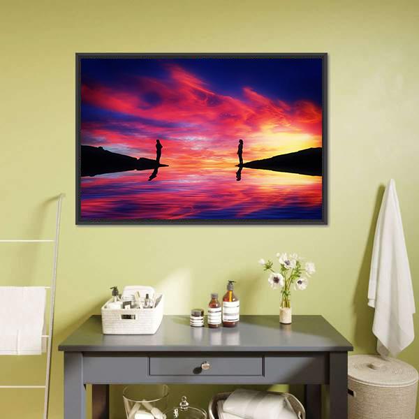 Boy &amp; Girl Stand On Different Sides Of River Canvas Wall Art-3 Horizontal-Gallery Wrap-25" x 16"-Tiaracle