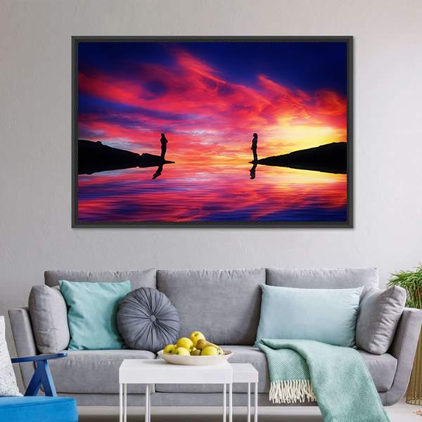 Boy &amp; Girl Stand On Different Sides Of River Canvas Wall Art-1 Piece-Floating Frame-24" x 16"-Tiaracle