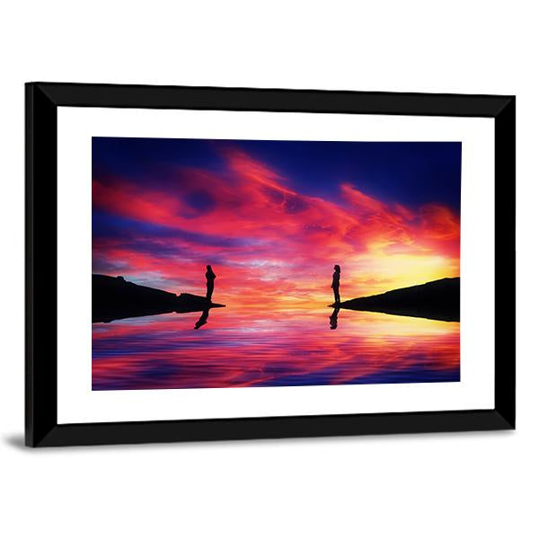 Boy &amp; Girl Stand On Different Sides Of River Canvas Wall Art-3 Horizontal-Gallery Wrap-25" x 16"-Tiaracle