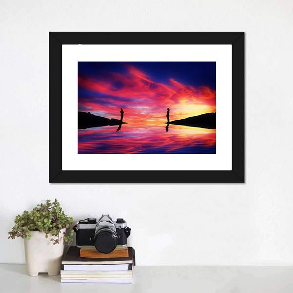 Boy &amp; Girl Stand On Different Sides Of River Canvas Wall Art-1 Piece-Framed Print-20" x 16"-Tiaracle