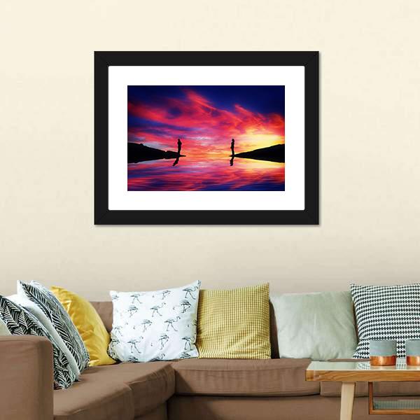 Boy &amp; Girl Stand On Different Sides Of River Canvas Wall Art-3 Horizontal-Gallery Wrap-25" x 16"-Tiaracle