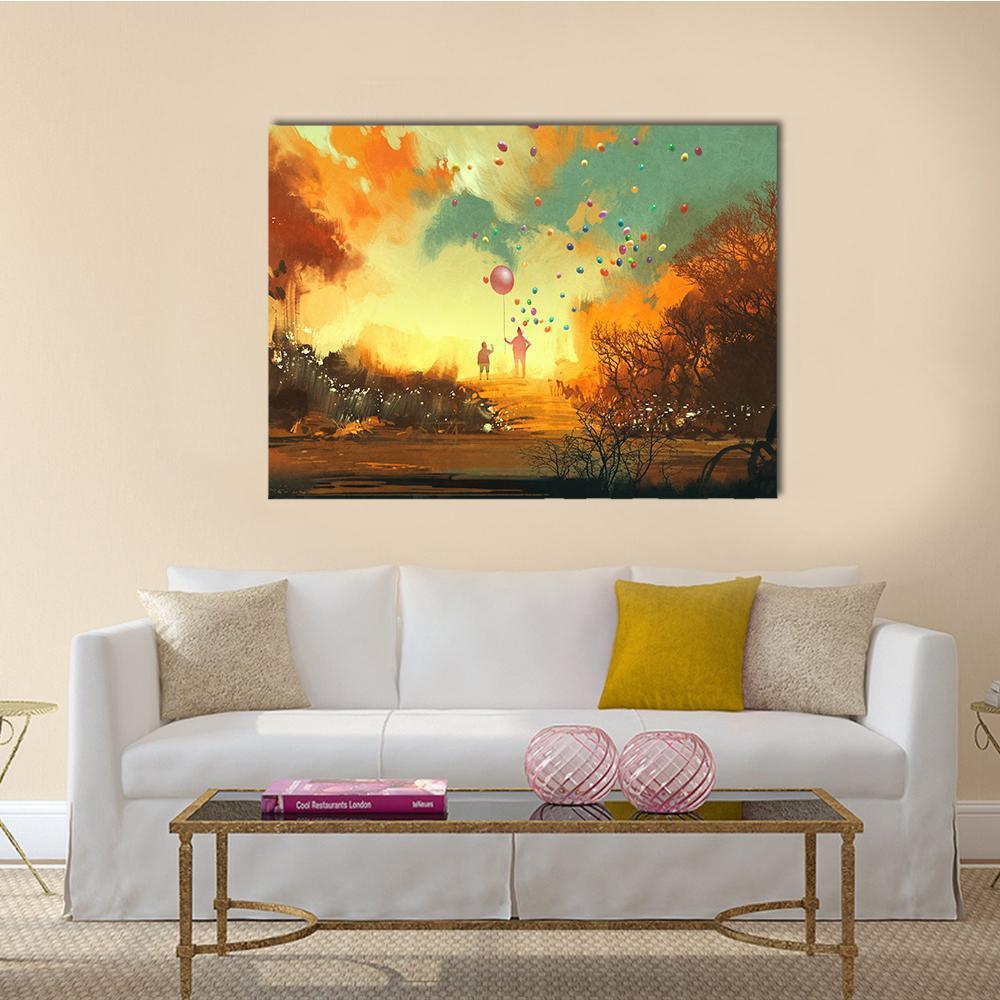 Boy and Magician with Red Balloon Canvas Wall Art in orange, yellow and blue, single panel hung on a wall