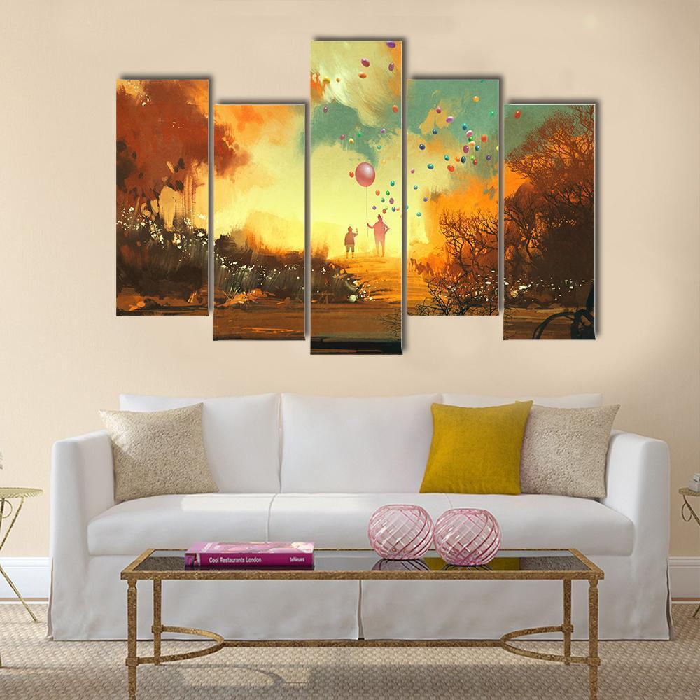 Boy &amp; Magician Holding Balloon Canvas Wall Art-5 Pop-Gallery Wrap-47" x 32"-Tiaracle