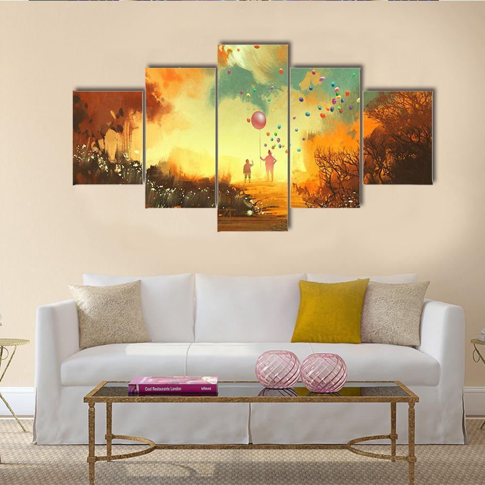 Boy &amp; Magician Holding Balloon Canvas Wall Art-5 Star-Gallery Wrap-62" x 32"-Tiaracle