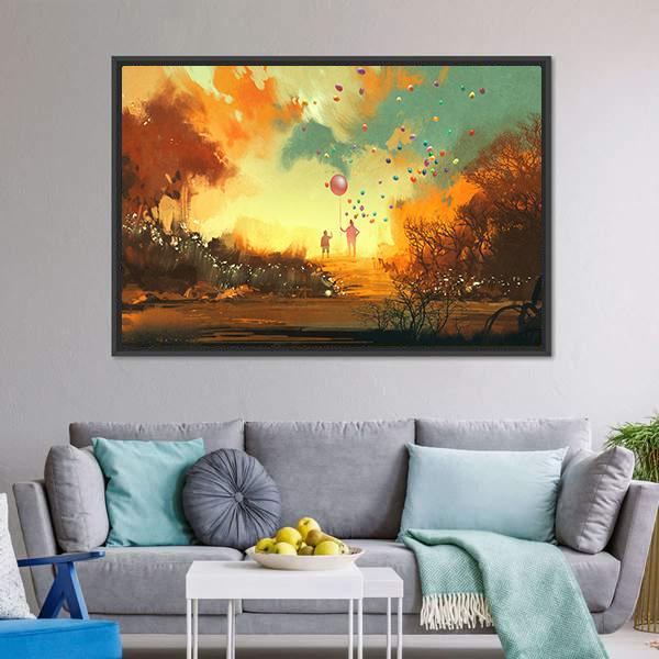 Boy &amp; Magician Holding Balloon Canvas Wall Art-1 Piece-Floating Frame-24" x 16"-Tiaracle