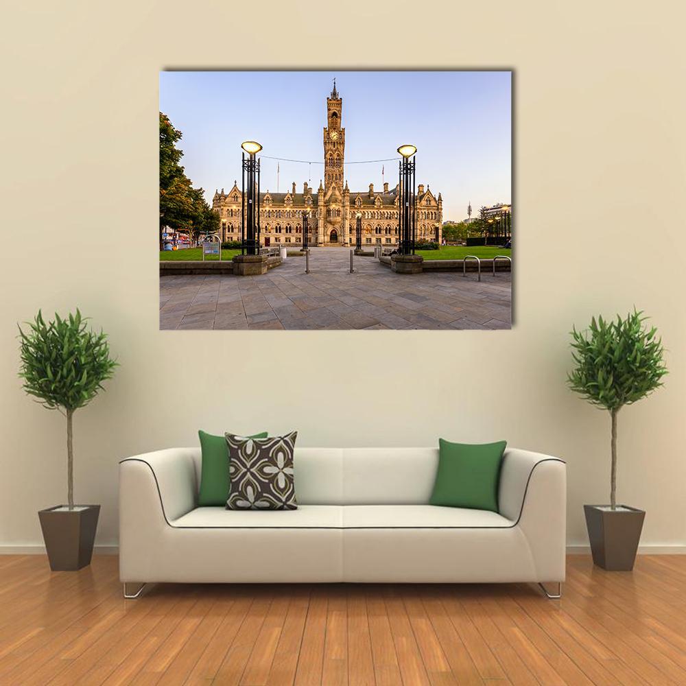 Bradford Town Hall at Dusk Canvas Wall Art in gray, yellow and blue, single panel hung on a wall