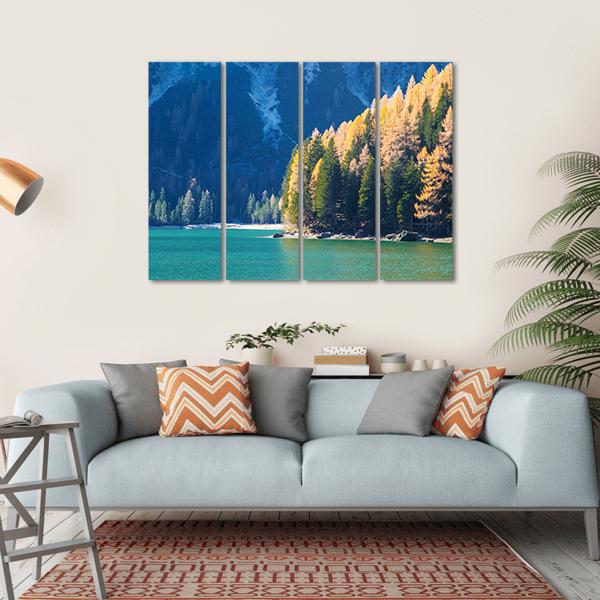 Braies Lake In Autumn Canvas Wall Art-4 Horizontal-Gallery Wrap-34" x 24"-Tiaracle