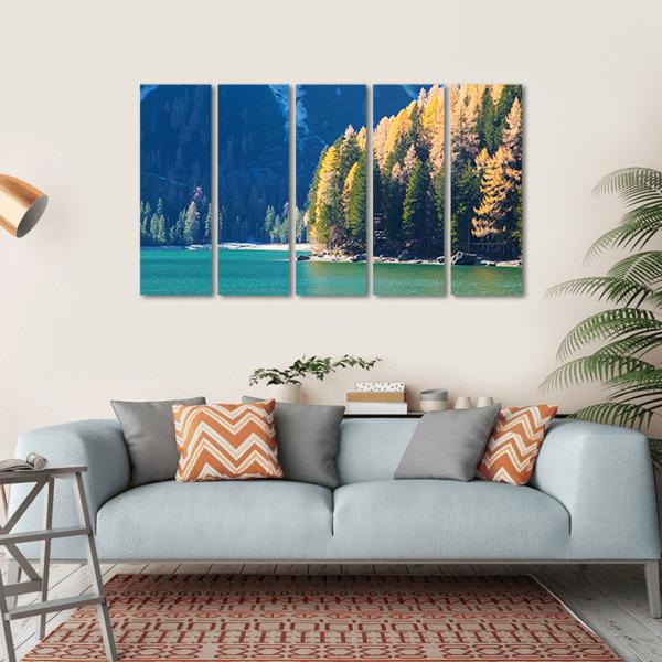 Braies Lake In Autumn Canvas Wall Art-5 Horizontal-Gallery Wrap-22" x 12"-Tiaracle