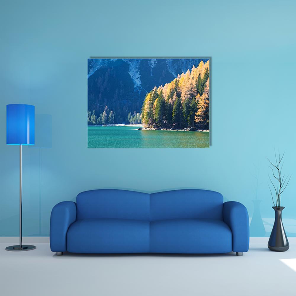 Braies Lake In Autumn Canvas Wall Art-1 Piece-Gallery Wrap-48" x 32"-Tiaracle