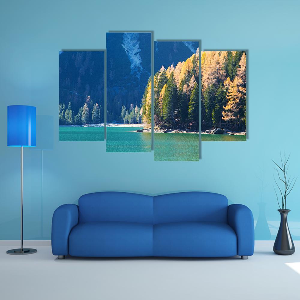 Braies Lake In Autumn Canvas Wall Art-4 Pop-Gallery Wrap-50" x 32"-Tiaracle