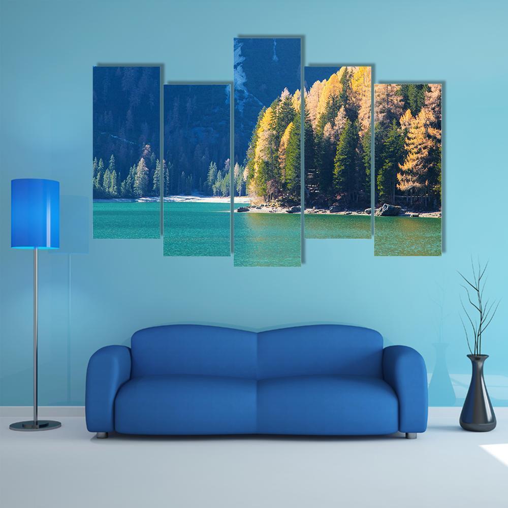 Braies Lake In Autumn Canvas Wall Art-5 Pop-Gallery Wrap-47" x 32"-Tiaracle