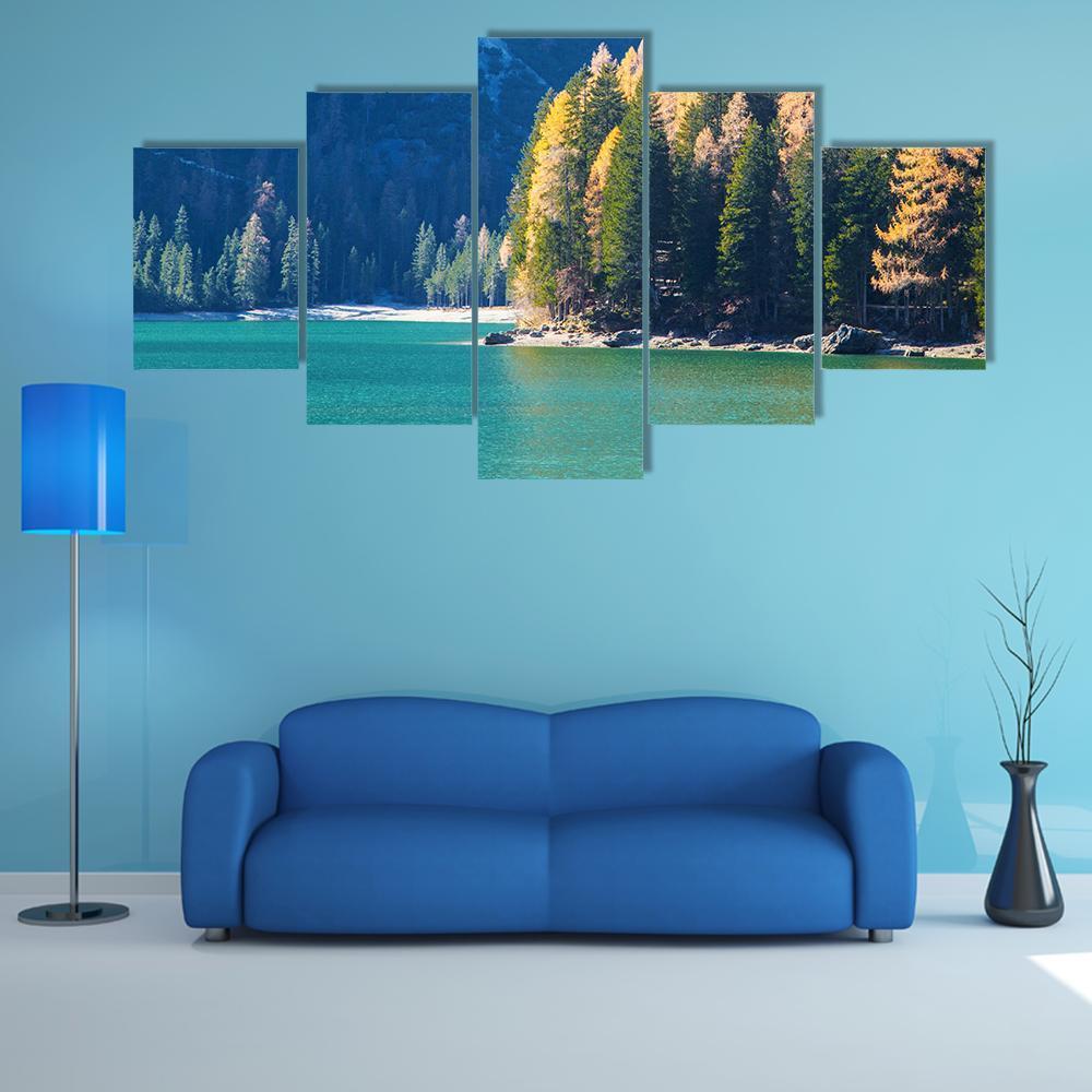 Braies Lake In Autumn Canvas Wall Art-5 Star-Gallery Wrap-62" x 32"-Tiaracle