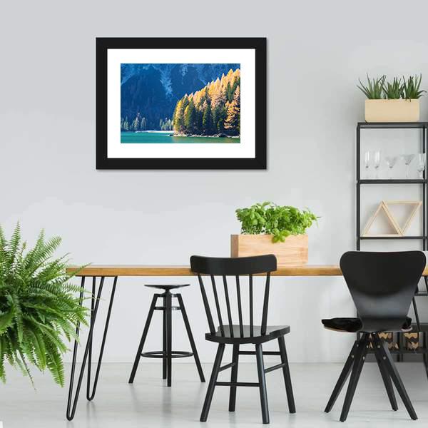 Braies Lake In Autumn Vertical Canvas Wall Art-3 Vertical-Gallery Wrap-12" x 25"-Tiaracle