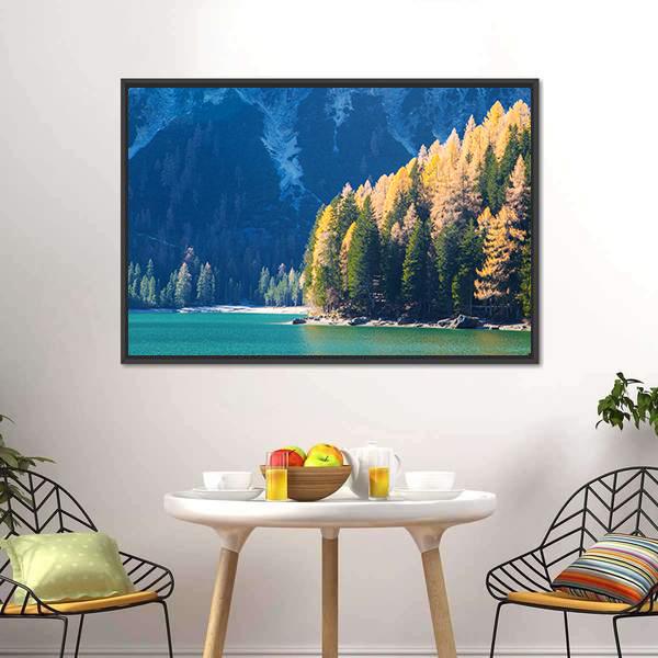 Braies Lake In Autumn Vertical Canvas Wall Art-3 Vertical-Gallery Wrap-12" x 25"-Tiaracle
