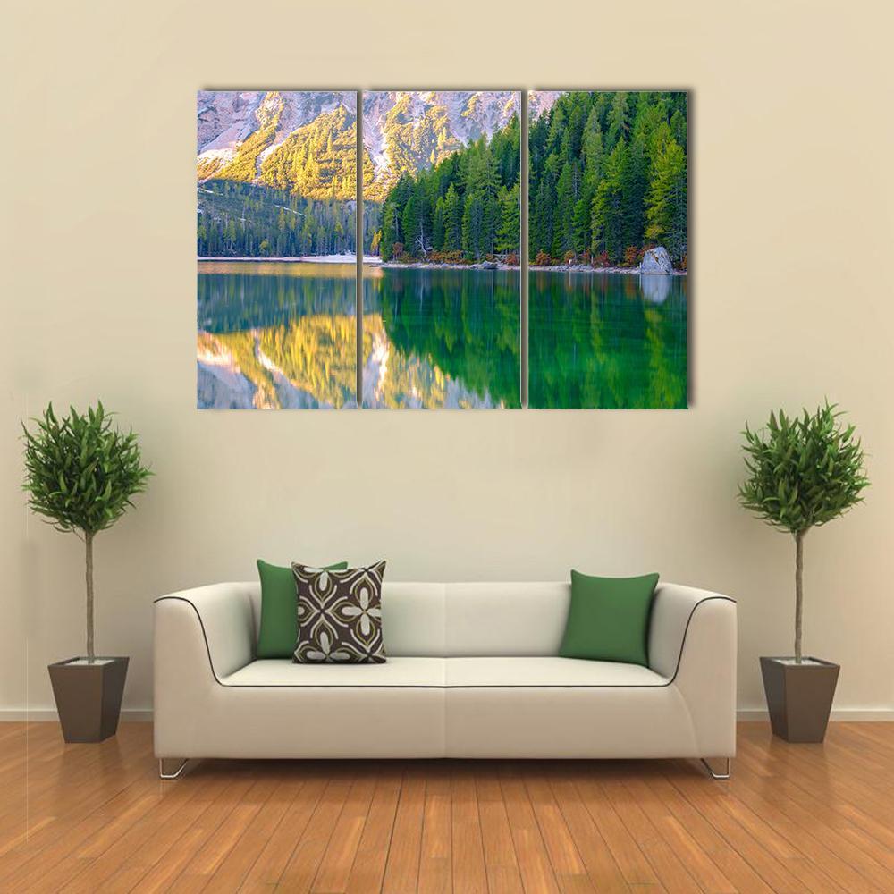 Braies Lake In Dolomites Mountains Canvas Wall Art-3 Horizontal-Gallery Wrap-37" x 24"-Tiaracle