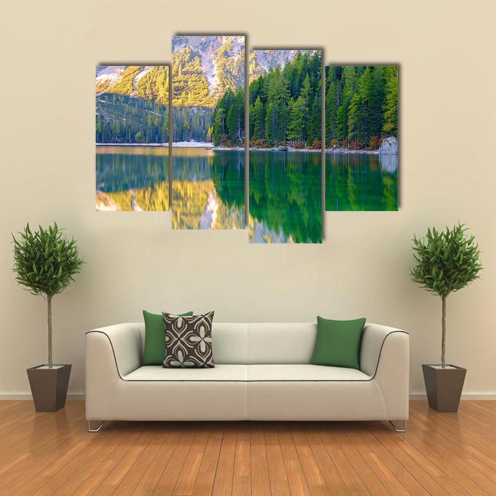 Braies Lake In Dolomites Mountains Canvas Wall Art-4 Pop-Gallery Wrap-50" x 32"-Tiaracle