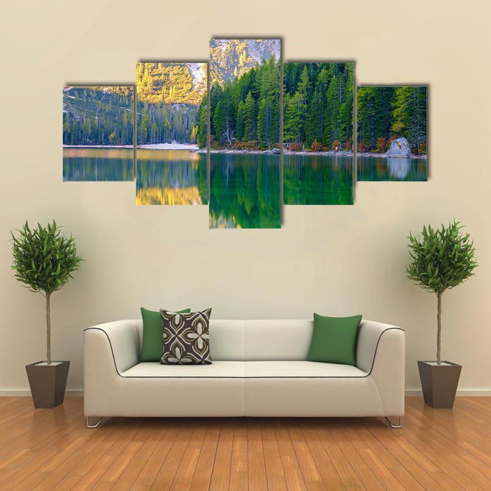 Braies Lake In Dolomites Mountains Canvas Wall Art-5 Star-Gallery Wrap-62" x 32"-Tiaracle