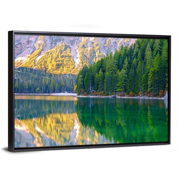 Braies Lake In Dolomites Mountains Canvas Wall Art-3 Horizontal-Gallery Wrap-25" x 16"-Tiaracle