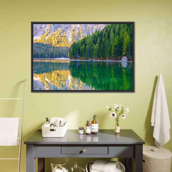 Braies Lake In Dolomites Mountains Canvas Wall Art-3 Horizontal-Gallery Wrap-25" x 16"-Tiaracle