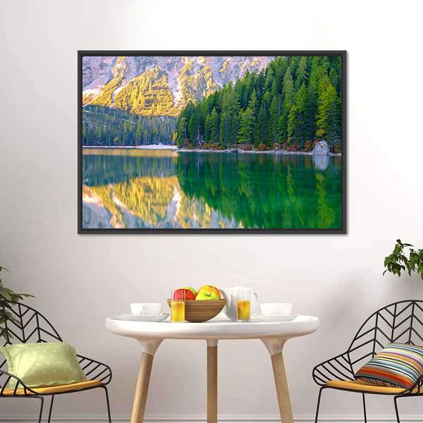 Braies Lake In Dolomites Mountains Canvas Wall Art-3 Horizontal-Gallery Wrap-25" x 16"-Tiaracle