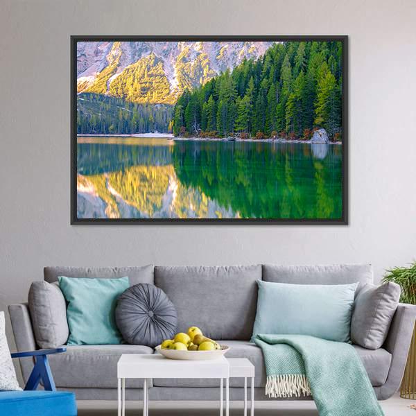 Braies Lake In Dolomites Mountains Canvas Wall Art-1 Piece-Floating Frame-24" x 16"-Tiaracle