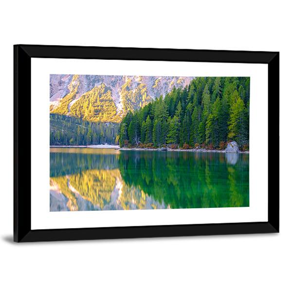 Braies Lake In Dolomites Mountains Canvas Wall Art-3 Horizontal-Gallery Wrap-25" x 16"-Tiaracle