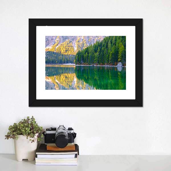 Braies Lake In Dolomites Mountains Canvas Wall Art-1 Piece-Framed Print-20" x 16"-Tiaracle