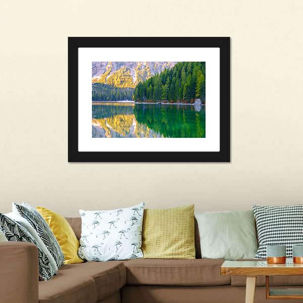 Braies Lake In Dolomites Mountains Canvas Wall Art-3 Horizontal-Gallery Wrap-25" x 16"-Tiaracle