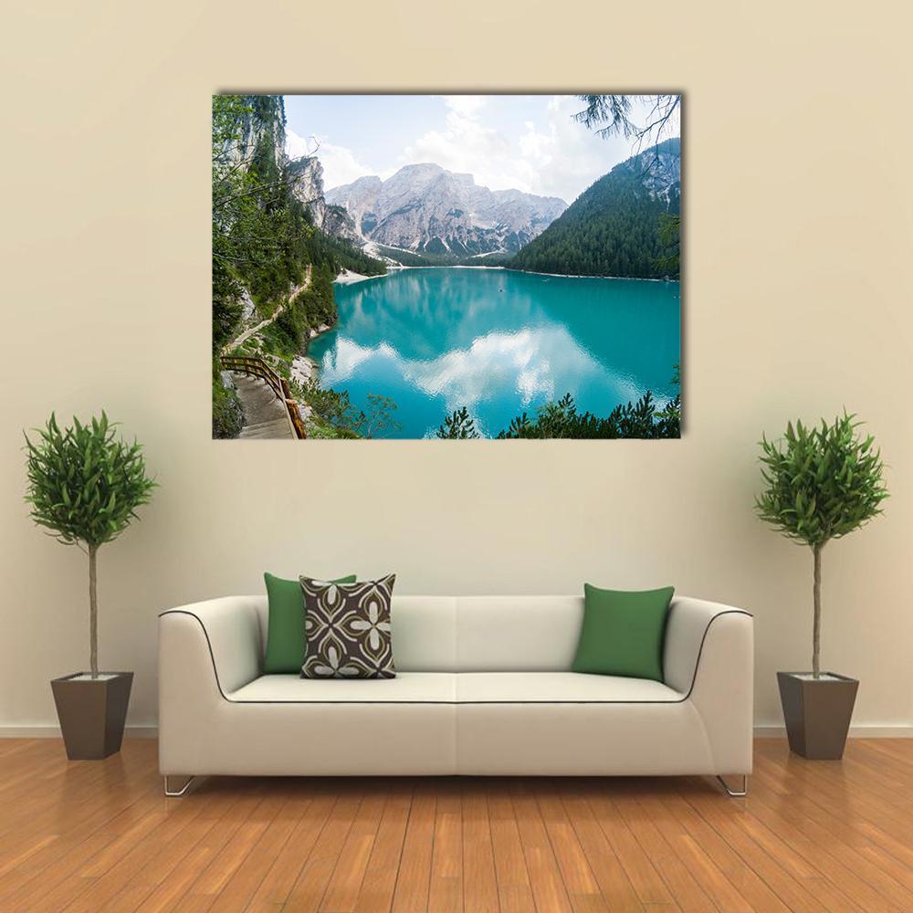 Braies Lake Reflections Canvas Wall Art in gray, green and blue, single panel hung on a wall