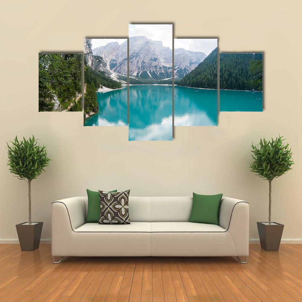 Braies Lake Canvas Wall Art-5 Star-Gallery Wrap-62" x 32"-Tiaracle
