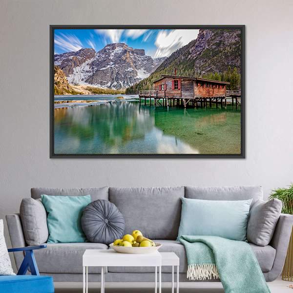 Braies Lake On Italian Alps Canvas Wall Art-1 Piece-Floating Frame-24" x 16"-Tiaracle