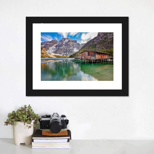 Braies Lake On Italian Alps Canvas Wall Art-1 Piece-Framed Print-20" x 16"-Tiaracle