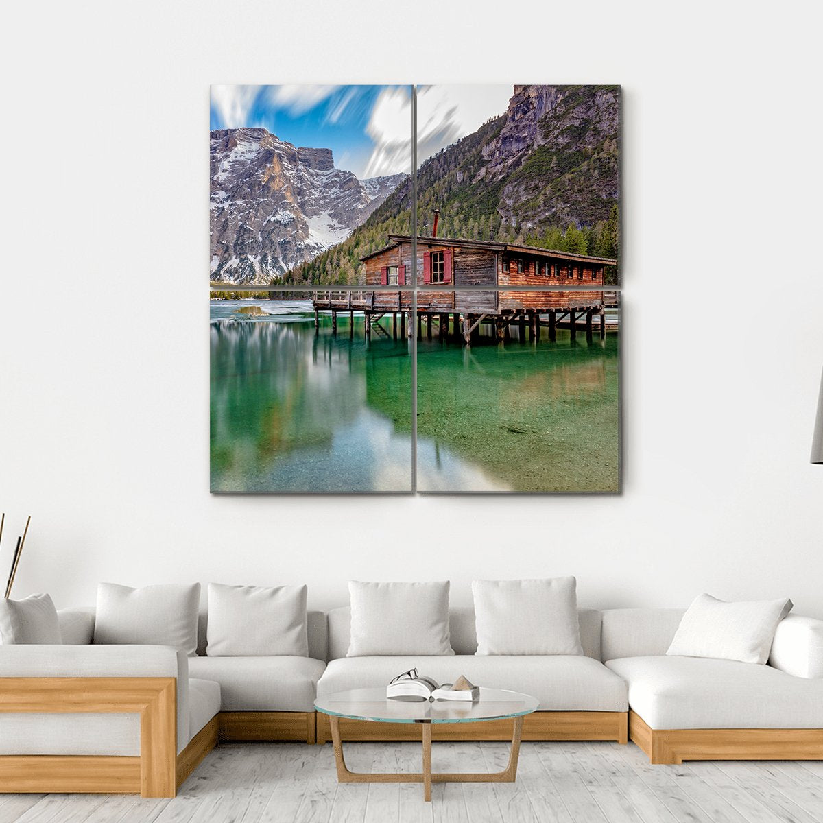 Braies Lake On Italian Alps Canvas Wall Art-4 Square-Gallery Wrap-17" x 17"-Tiaracle