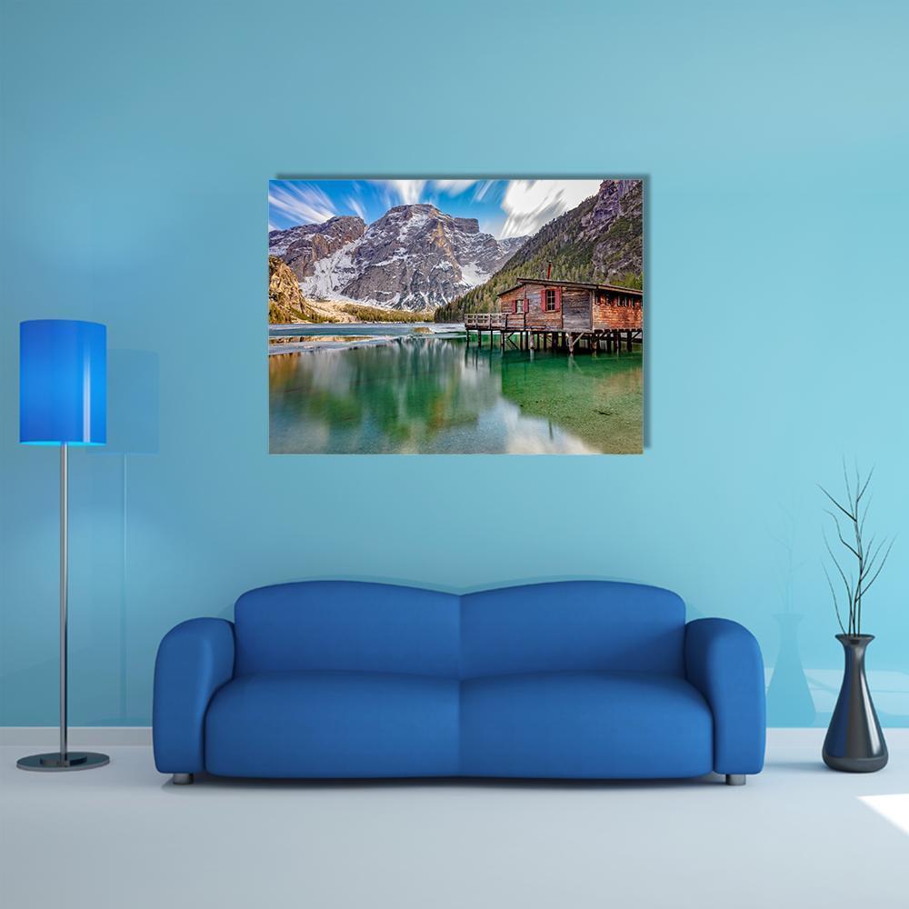 Braies Lake in the Italian Alps Canvas Wall Art in gray, brown and blue, single panel hung on a wall