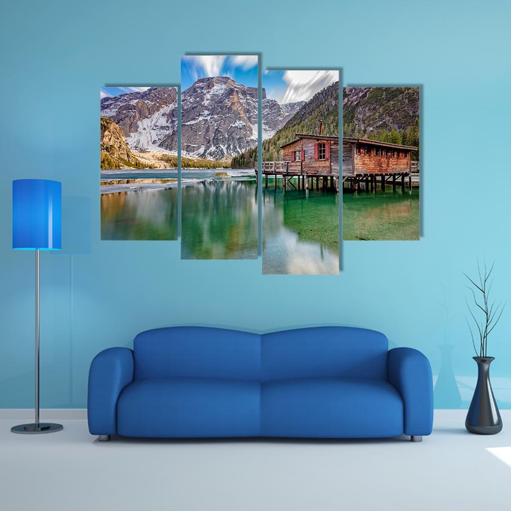 Braies Lake On Italian Alps Canvas Wall Art-4 Pop-Gallery Wrap-50" x 32"-Tiaracle