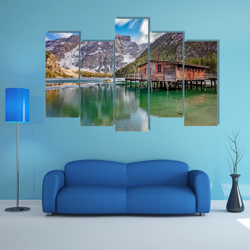 Braies Lake On Italian Alps Canvas Wall Art-5 Pop-Gallery Wrap-47" x 32"-Tiaracle