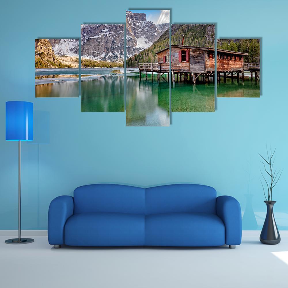 Braies Lake On Italian Alps Canvas Wall Art-5 Star-Gallery Wrap-62" x 32"-Tiaracle