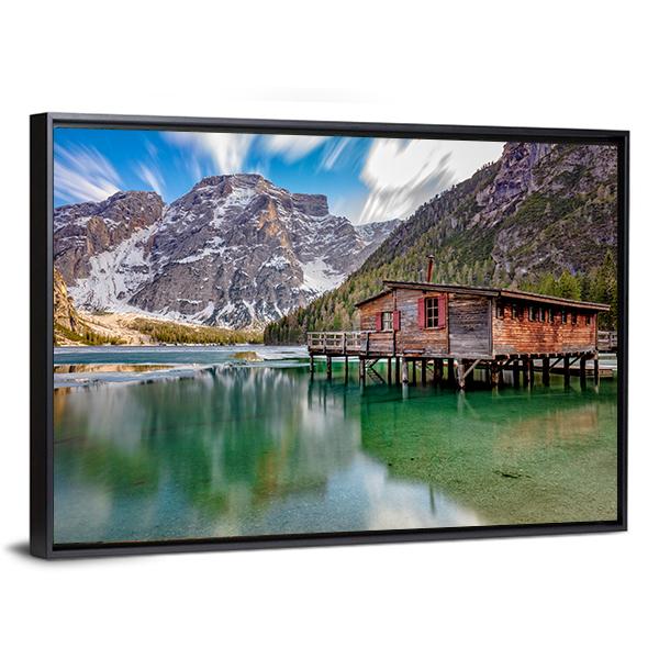 Braies Lake On Italian Alps Canvas Wall Art-3 Horizontal-Gallery Wrap-25" x 16"-Tiaracle