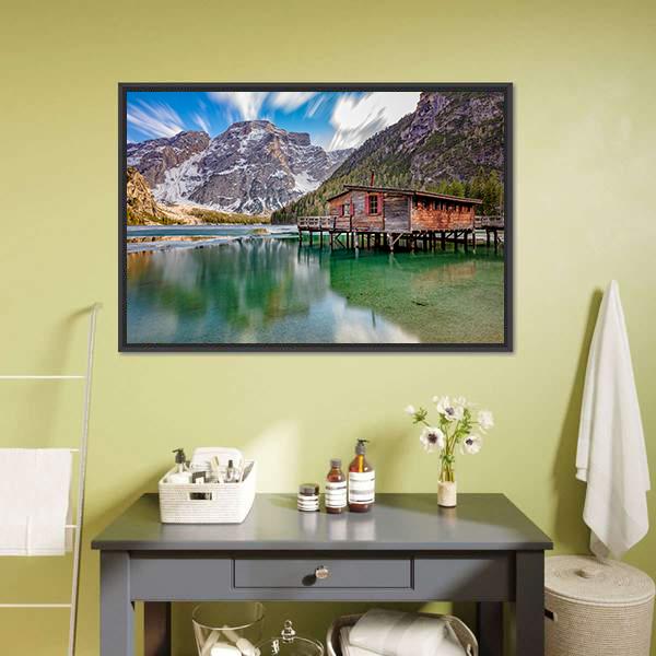 Braies Lake On Italian Alps Canvas Wall Art-3 Horizontal-Gallery Wrap-25" x 16"-Tiaracle